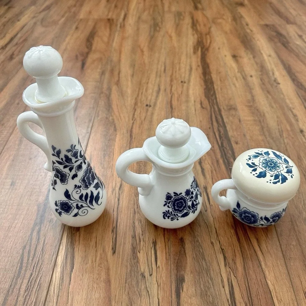 Vintage Avon Blue Floral White Glass 3‎ Pc Cruet Vanity Set w/ Stoppers